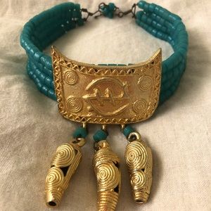Vintage One-of-a-Kind Beaded Gold-Plated African Choker Statement Necklace
